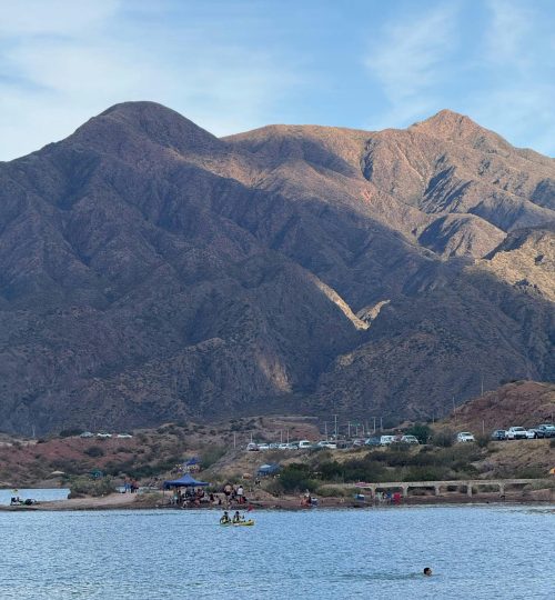 Stunning landscape of Potrerillos Lake surrounded by the Andes Mountains in Mendoza, Argentina. La Calma Ecolodge.